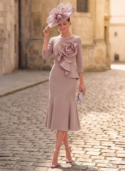 Mermaid/Trumpet Scoop Neck Tea-Length Stretch Satin Mother of the Bride Dress with Floral Accents