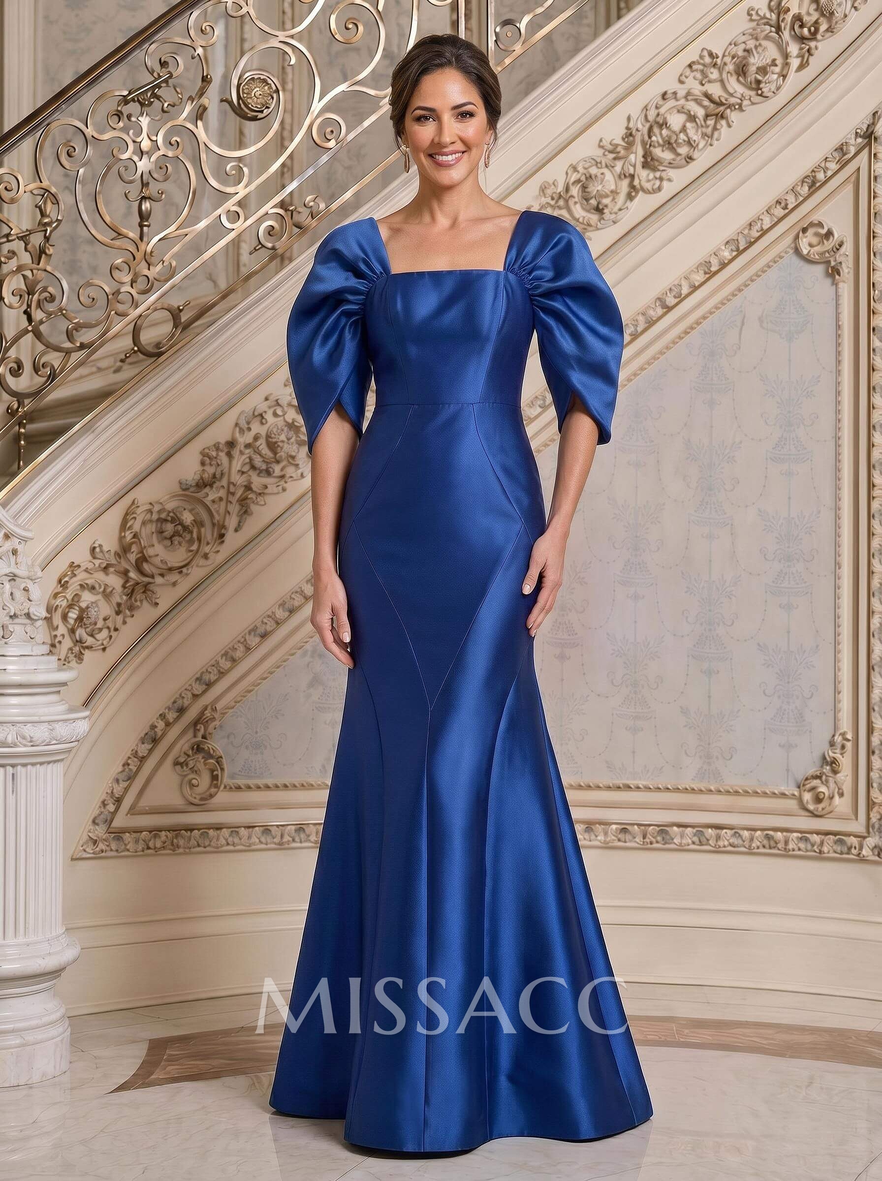 Trumpet/Mermaid Square Neckline 3/4 Sleeves Floor-Length Twill Satin Mother Of The Bride Dresses