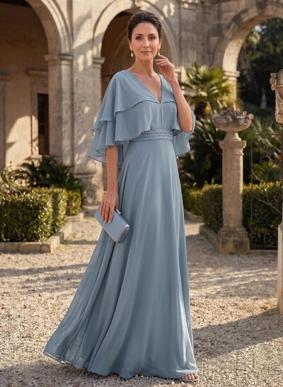A-Line V-Neck Cape Sleeves Floor-Length Chiffon Mother Of The Bride Dresses With
