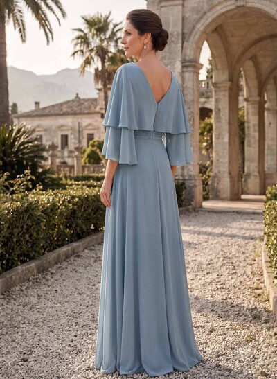 A-Line V-Neck Cape Sleeves Floor-Length Chiffon Mother Of The Bride Dresses With