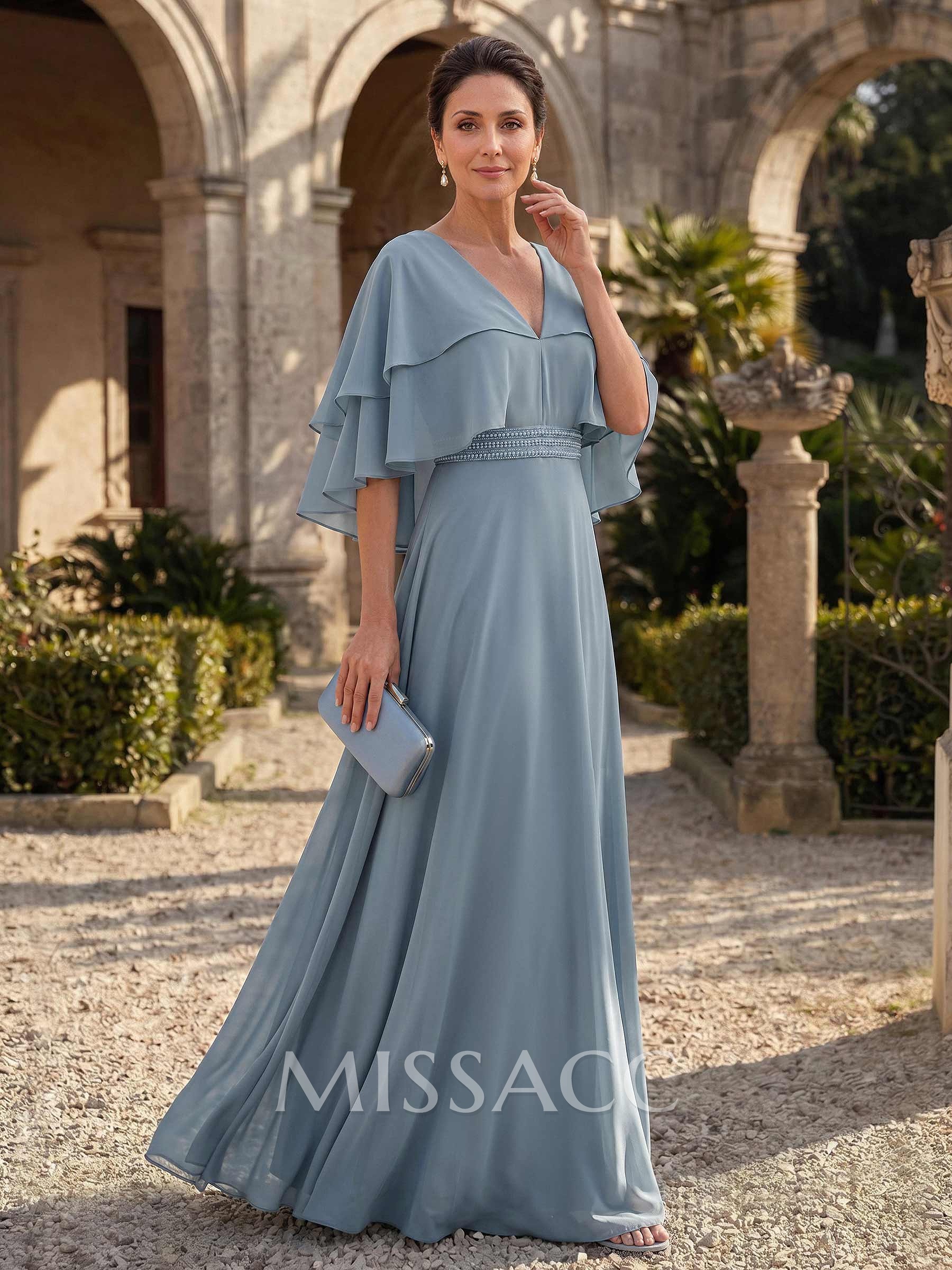 A-Line V-Neck Cape Sleeves Floor-Length Chiffon Mother Of The Bride Dresses With