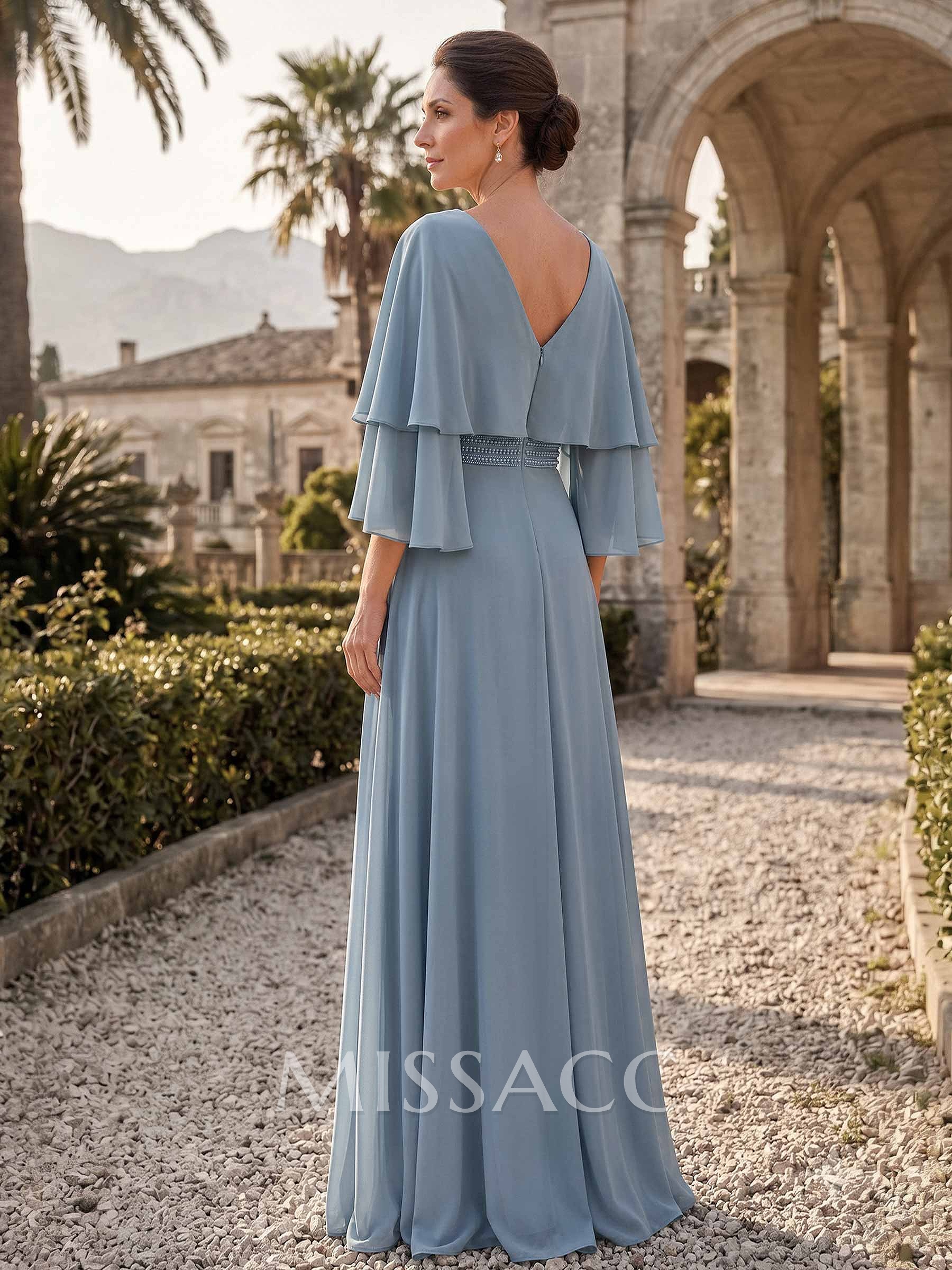 A-Line V-Neck Cape Sleeves Floor-Length Chiffon Mother Of The Bride Dresses With