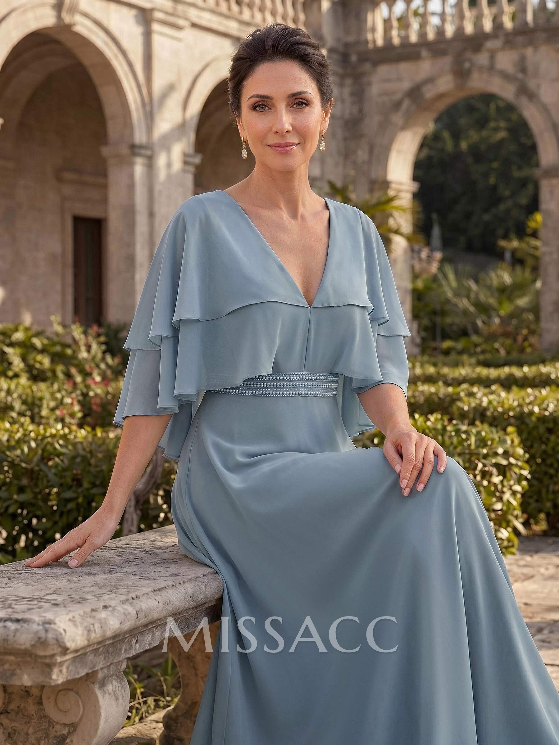 A-Line V-Neck Cape Sleeves Floor-Length Chiffon Mother Of The Bride Dresses With