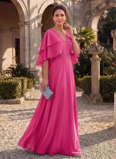 A-Line V-Neck Cape Sleeve Floor-Length Chiffon Mother Of The Bride Dresses With