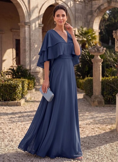 A-Line V-Neck Cape Sleeves Floor-Length Chiffon Mother Of The Bride Dresses With