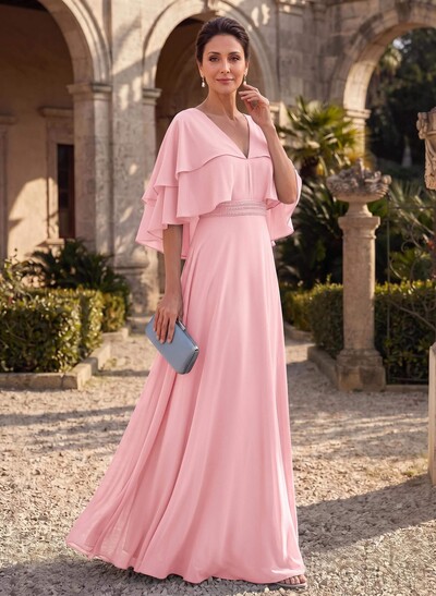 A-Line V-Neck Cape Sleeves Floor-Length Chiffon Mother Of The Bride Dresses With