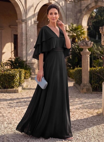A-Line V-Neck Cape Sleeve Floor-Length Chiffon Mother Of The Bride Dresses With