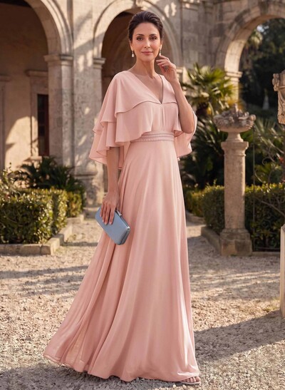 A-Line V-Neck Cape Sleeves Floor-Length Chiffon Mother Of The Bride Dresses With