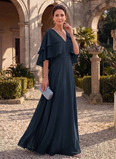 A-Line V-Neck Cape Sleeves Floor-Length Chiffon Mother Of The Bride Dresses With