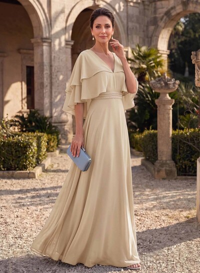 A-Line V-Neck Cape Sleeves Floor-Length Chiffon Mother Of The Bride Dresses With