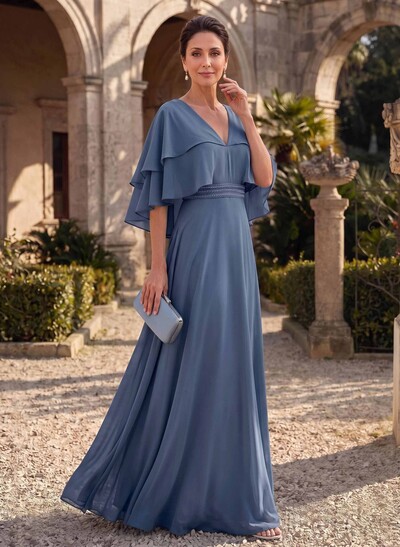 A-Line V-Neck Cape Sleeves Floor-Length Chiffon Mother Of The Bride Dresses With