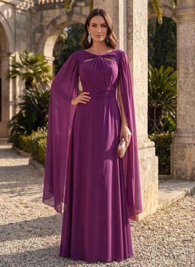 A-Line V-Neck Cape Sleeves Floor-Length Chiffon Mother Of The Bride Dresses