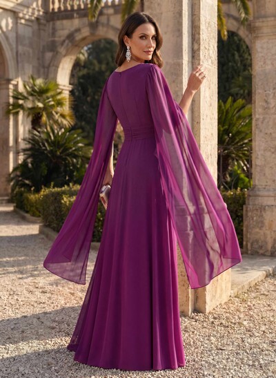 A-Line V-Neck Cape Sleeves Floor-Length Chiffon Mother Of The Bride Dresses