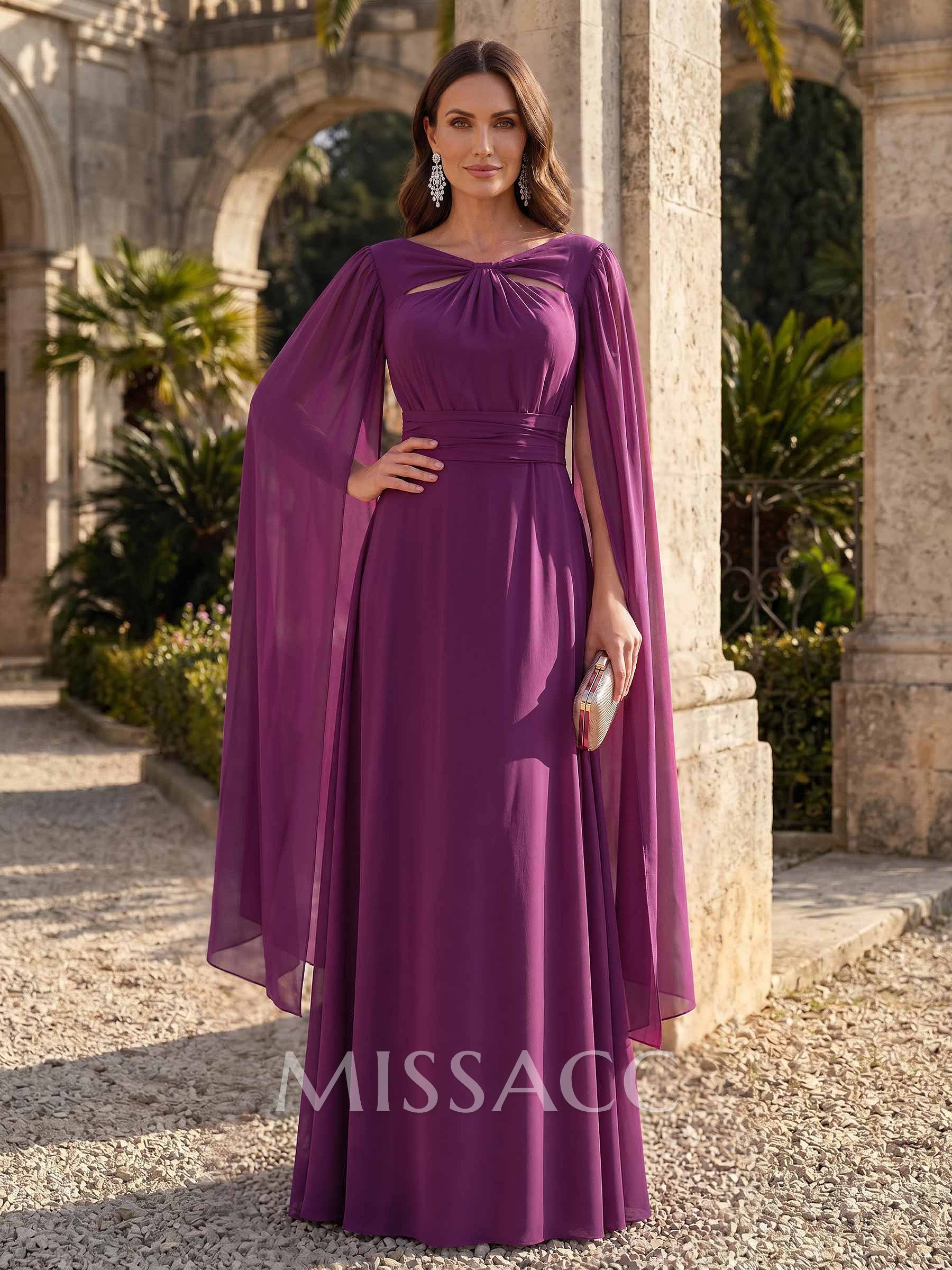 A-Line V-Neck Cape Sleeves Floor-Length Chiffon Mother Of The Bride Dresses
