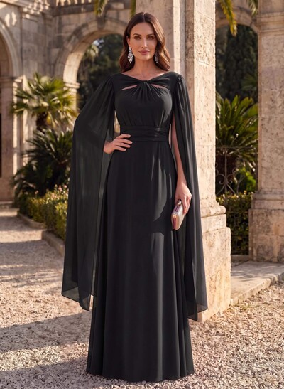 A-Line V-Neck Cape Sleeve Maxi Chiffon Mother of the Bride Dresses