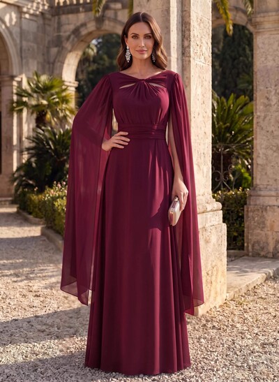 A-Line V-Neck Cape Sleeves Floor-Length Chiffon Mother Of The Bride Dresses