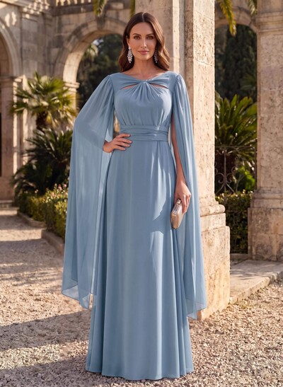 A-Line V-Neck Cape Sleeves Floor-Length Chiffon Mother Of The Bride Dresses