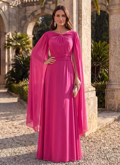 A-Line V-Neck Cape Sleeves Floor-Length Chiffon Mother Of The Bride Dresses