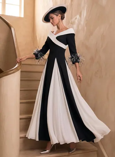 A-Line V-Neck 3/4 Sleeves Ankle-Length Chiffon/Elastic Satin Mother Of The Bride Dresses