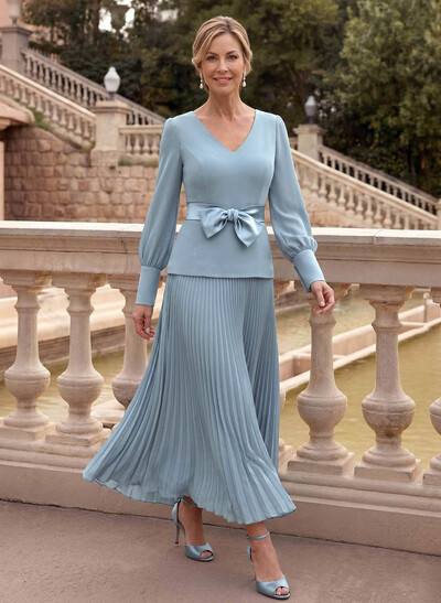 A-Line V-Neck Long Sleeves Ankle-Length Chiffon Mother Of The Bride Dresses With Bow(s)/Pleated