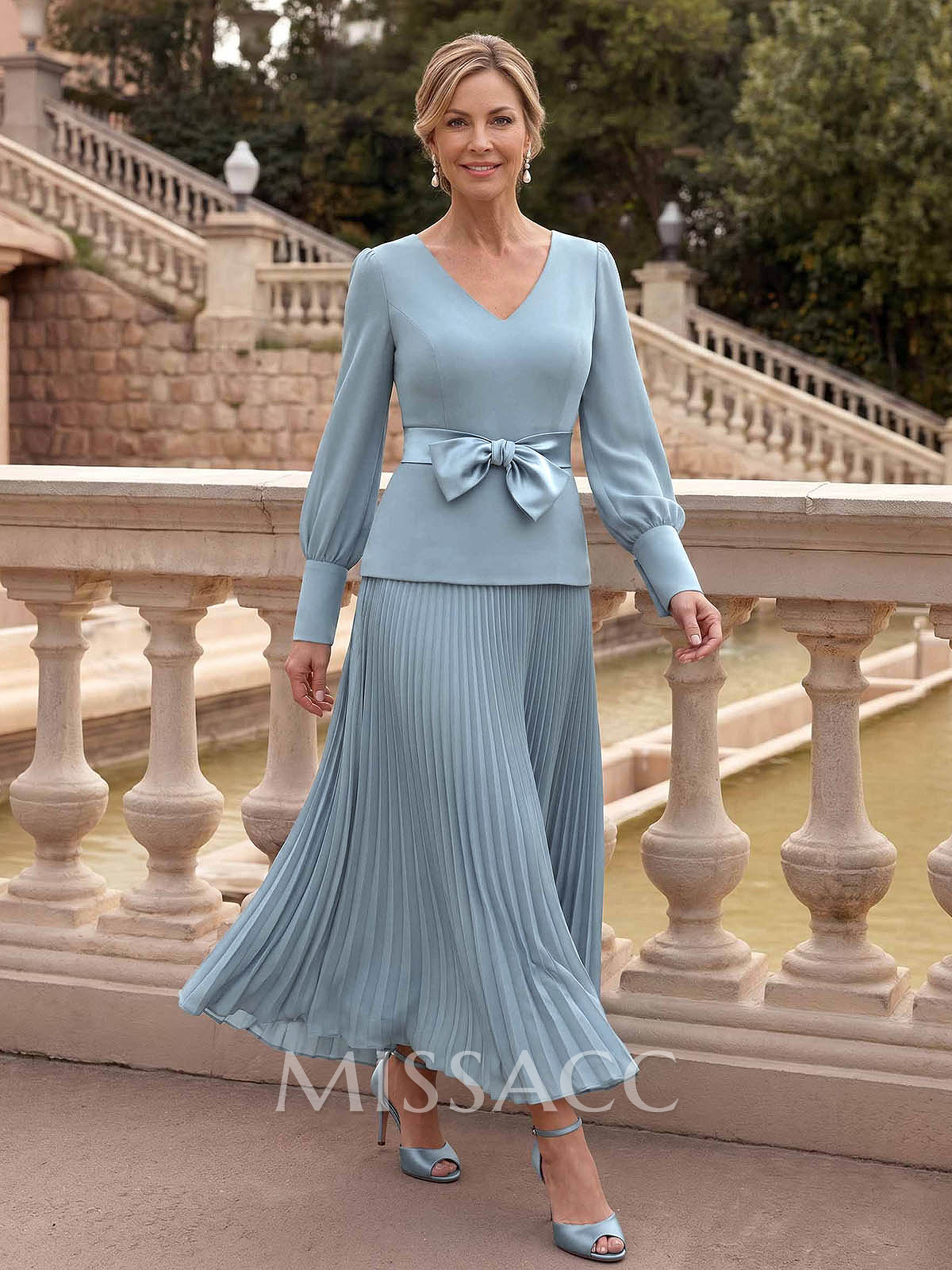 A-Line V-Neck Long Sleeves Ankle-Length Chiffon Mother Of The Bride Dresses With Bow(s)/Pleated