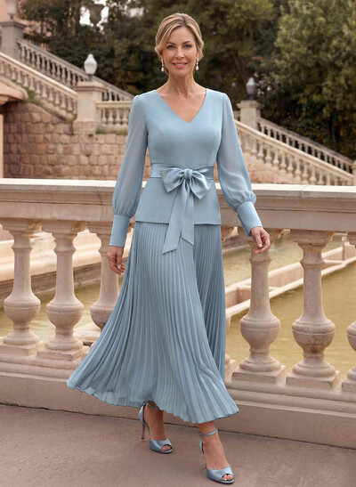 A-Line V-Neck Long Sleeves Ankle-Length Chiffon Mother Of The Bride Dresses With Bow(s)/Pleated