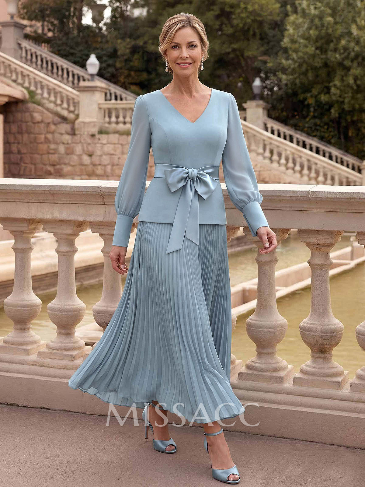 A-Line V-Neck Long Sleeve Ankle-Length Chiffon Mother Of The Bride Dress With Bow/Pleating
