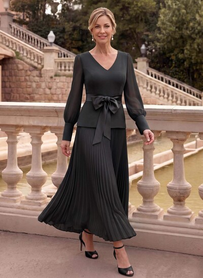 A-Line V-Neck Long Sleeves Ankle-Length Chiffon Mother Of The Bride Dresses With Bow(s)/Pleated