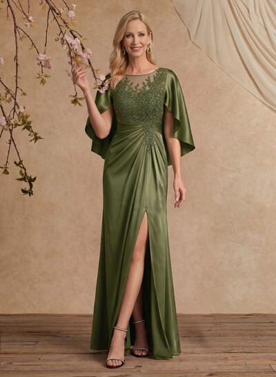 Sheath/Column Scoop Neck Cape Sleeves Floor-Length Charmeuse Mother Of The Bride Dresses With Split Front/Appliques Lace