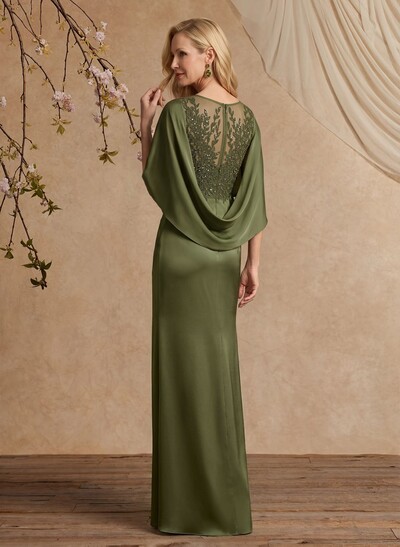 Sheath/Column Scoop Neck Cape Sleeves Floor-Length Charmeuse Mother Of The Bride Dresses With Split Front/Appliques Lace