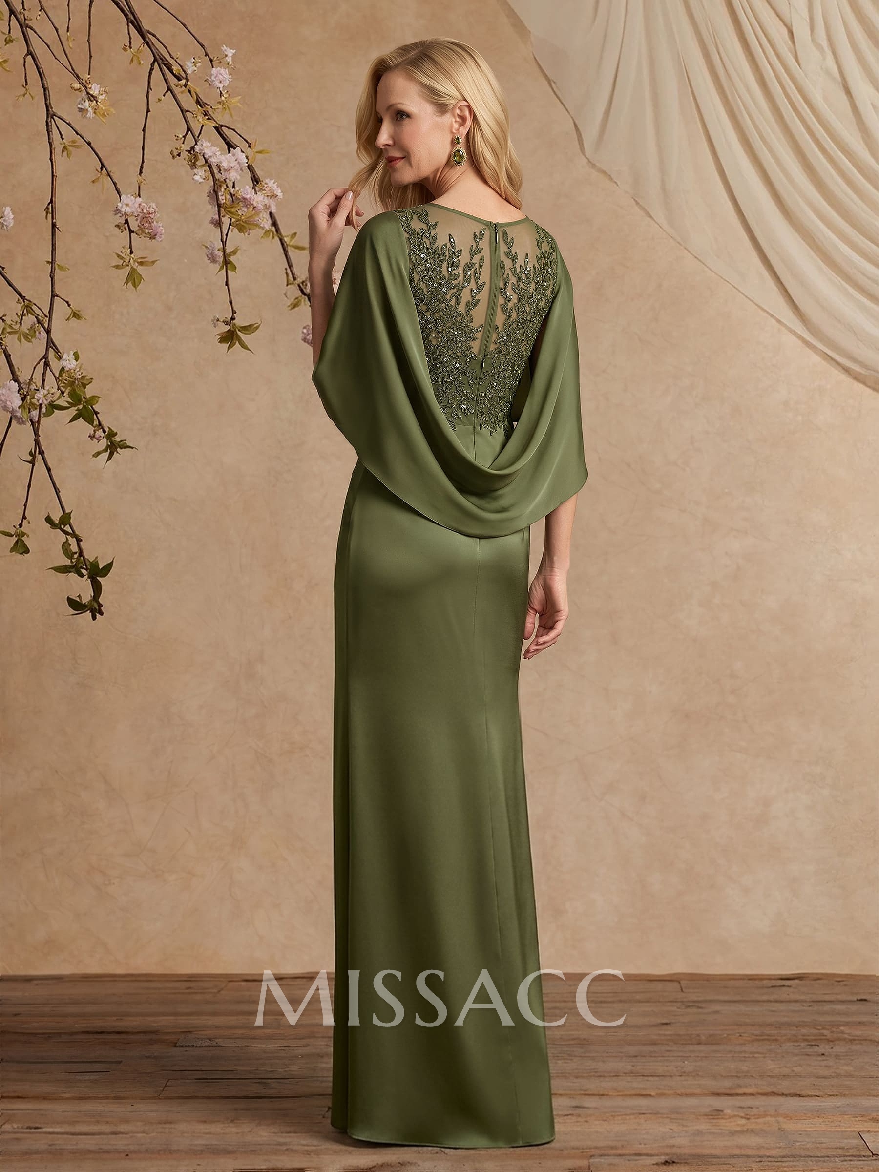 Sheath/Column Scoop Neck Cape Sleeves Floor-Length Charmeuse Mother Of The Bride Dresses With Split Front/Appliques Lace