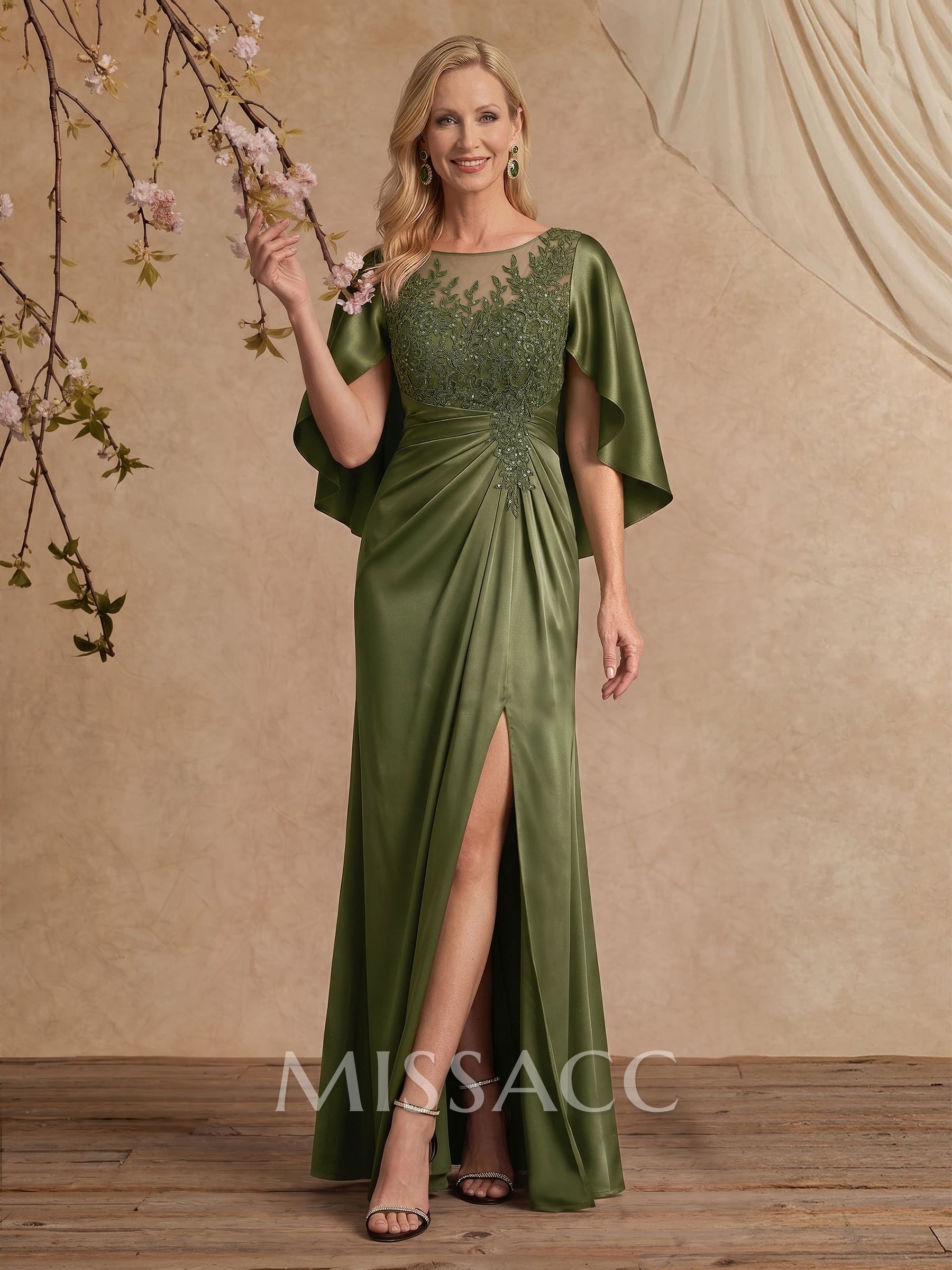 Sheath/Column Scoop Neck Cape Sleeves Floor-Length Charmeuse Mother Of The Bride Dresses With Split Front/Appliques Lace