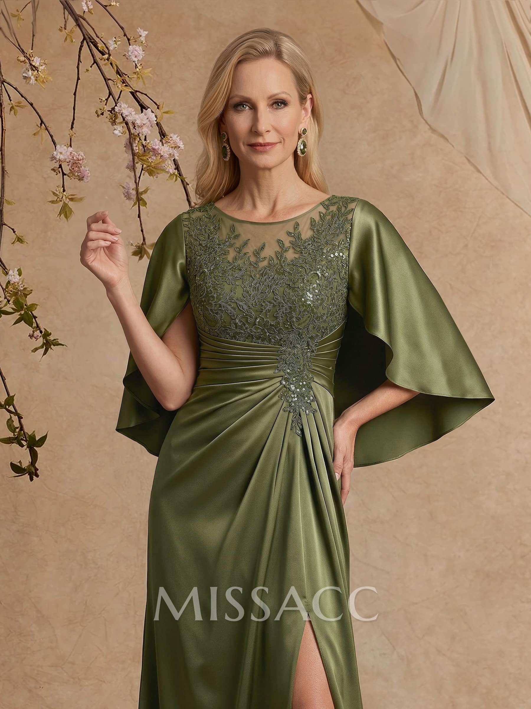 Sheath/Column Scoop Neck Cape Sleeves Floor-Length Charmeuse Mother Of The Bride Dresses With Split Front/Appliques Lace