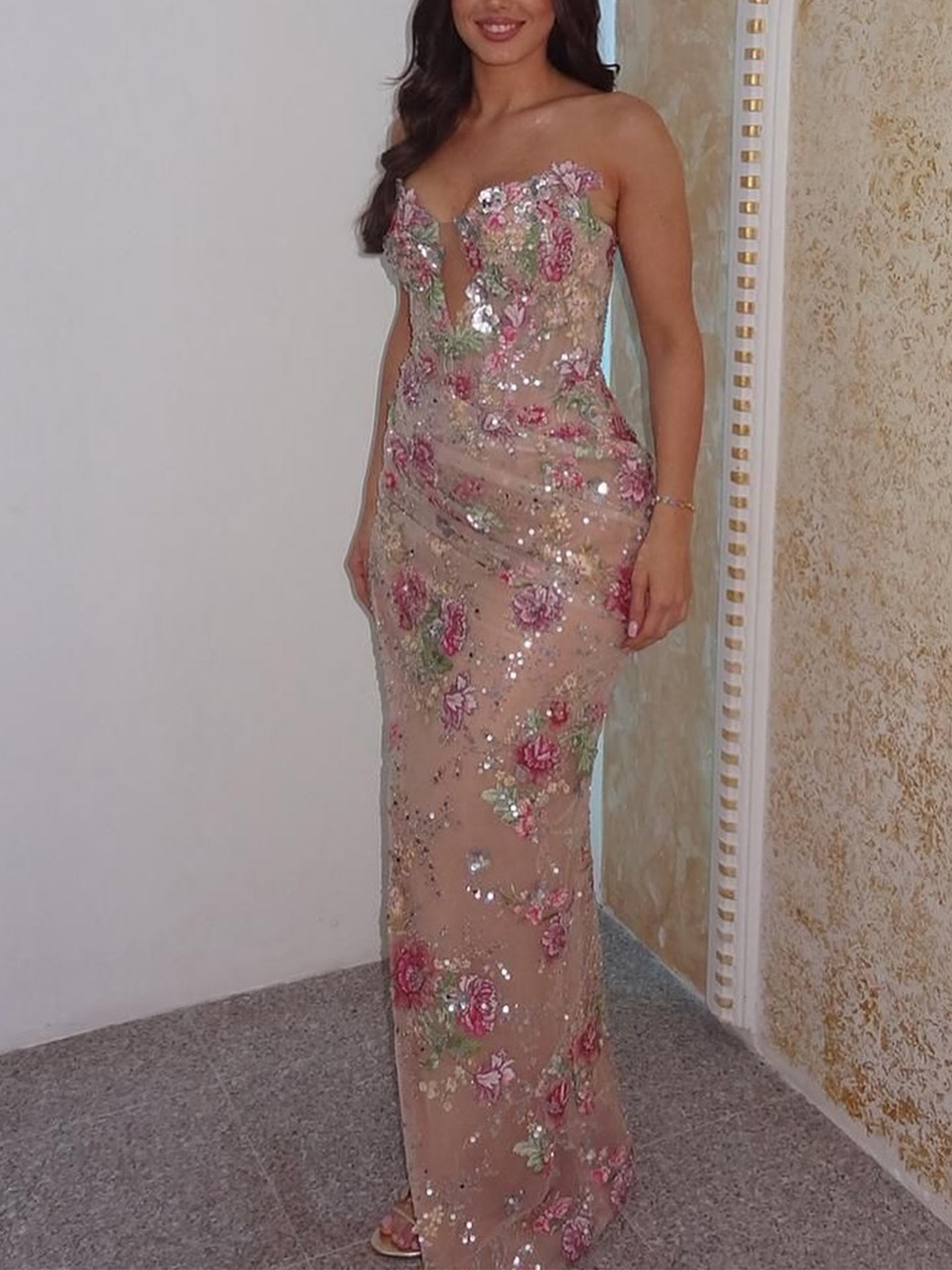Sheath/Column Sweetheart Sleeveless Sweep Train Lace/Tulle/Sequined Prom Dresses With Floral-Print