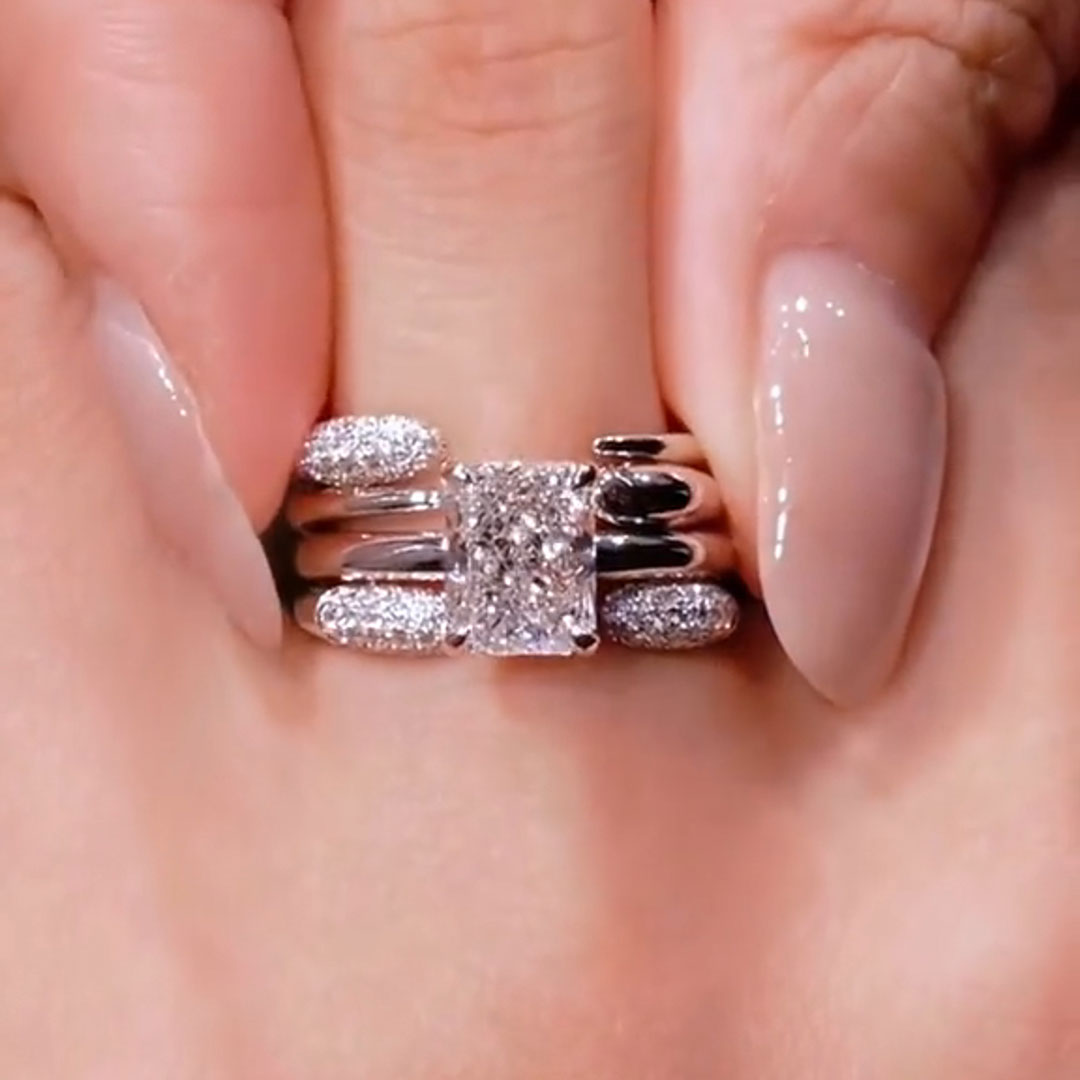 2CT 6*8mm Radiant Cut Moissanite Engagement Rings Sets In Sterling Silver