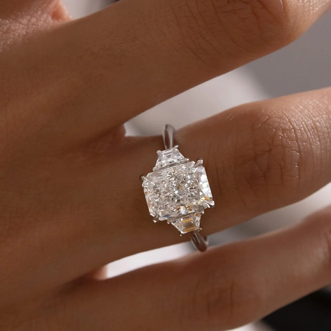 8*10mm Radiant Cut Sona Simulated Diamonds Engagement Rings In Sterling Silver