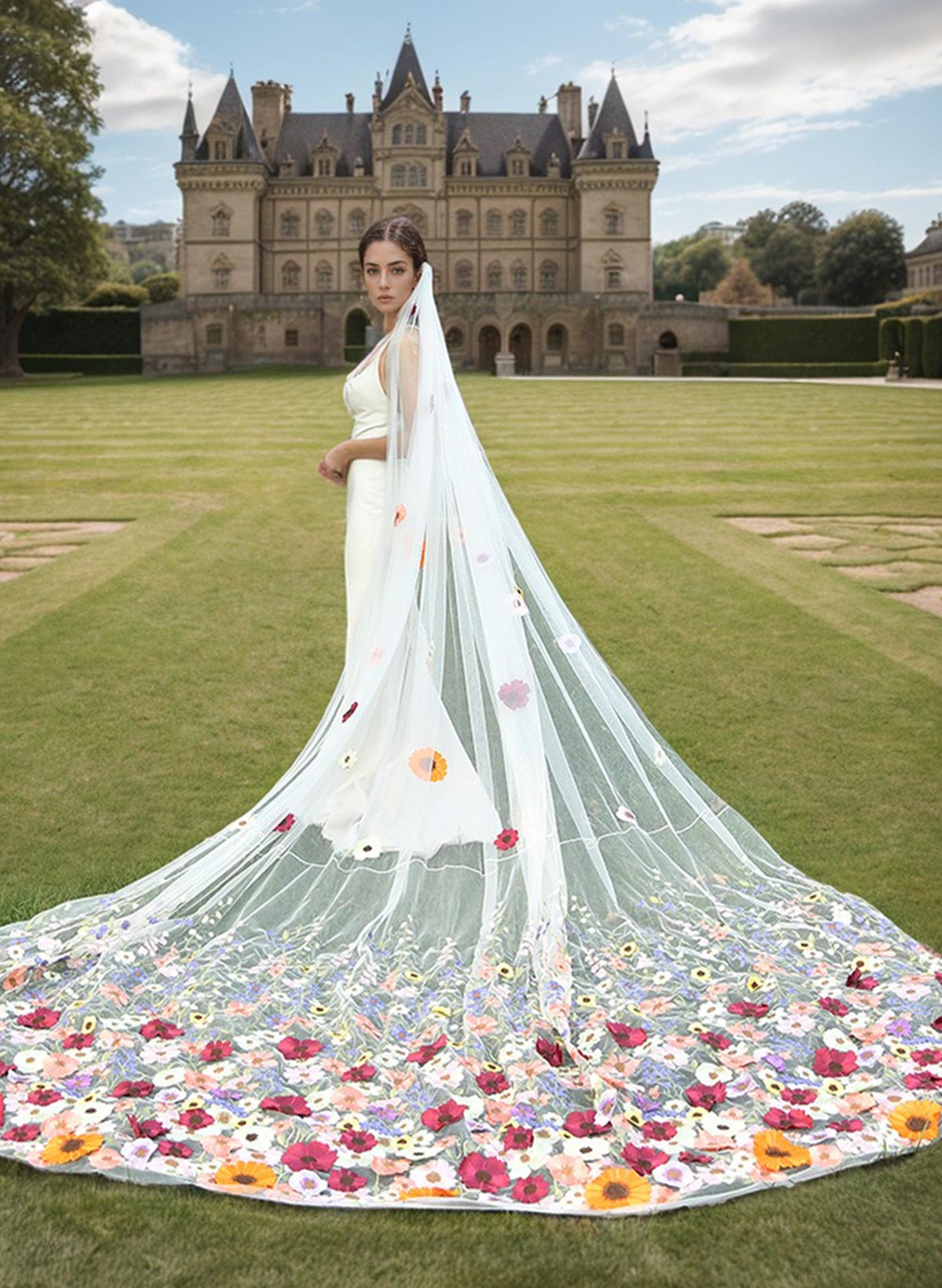 Cut Edge Floral One-Tier Tulle Cathedral Bridal Veils