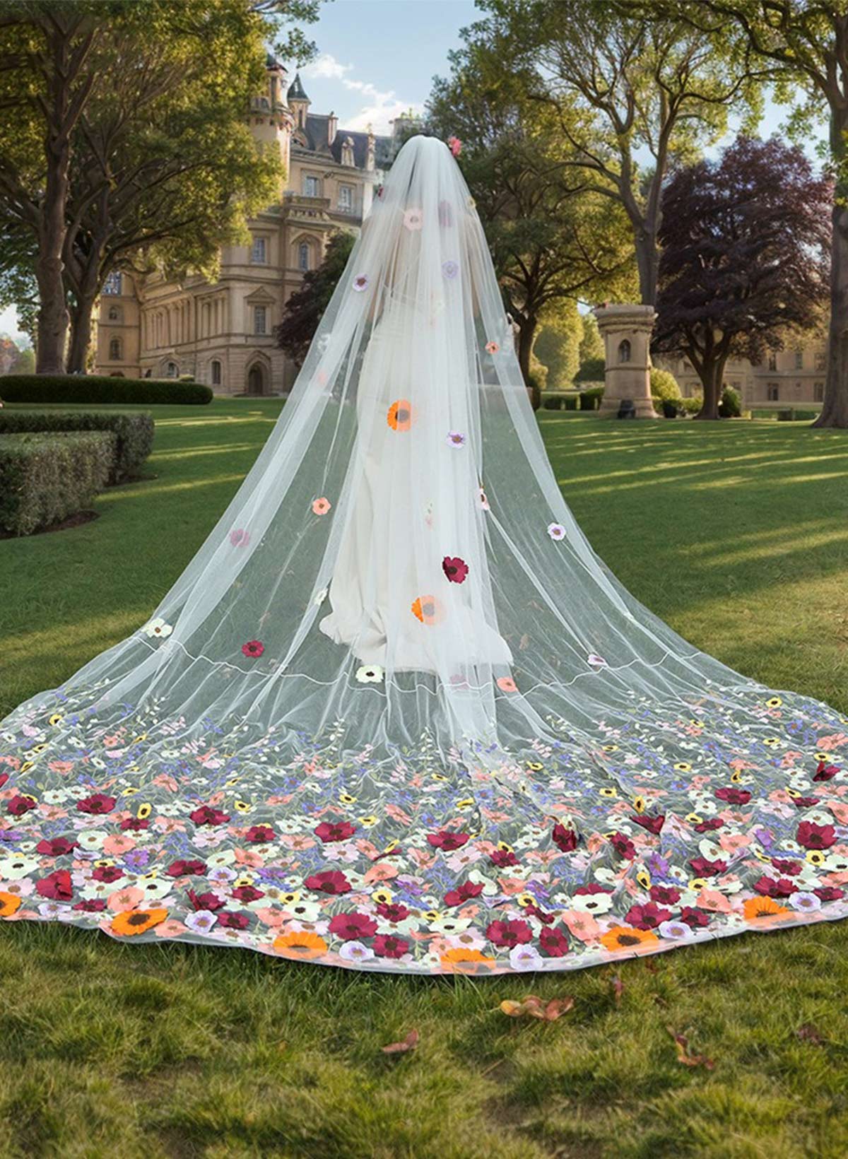 Cut Edge Floral One-Tier Tulle Cathedral Bridal Veils