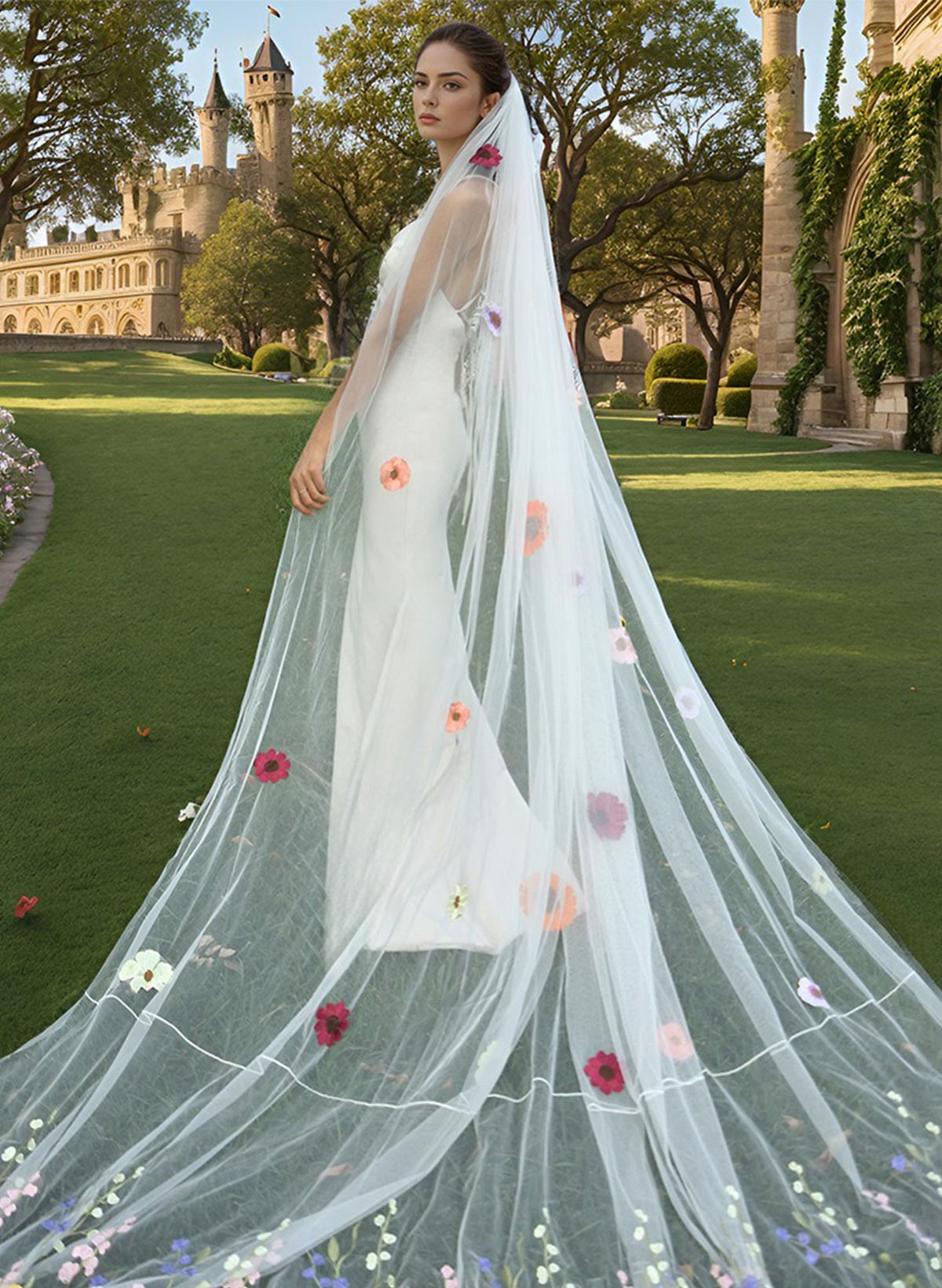 Cut Edge Floral One-Tier Tulle Cathedral Bridal Veils