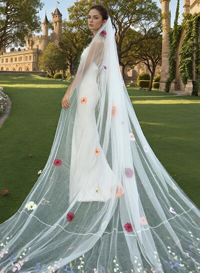 Cut Edge Floral One-Tier Tulle Cathedral Bridal Veils