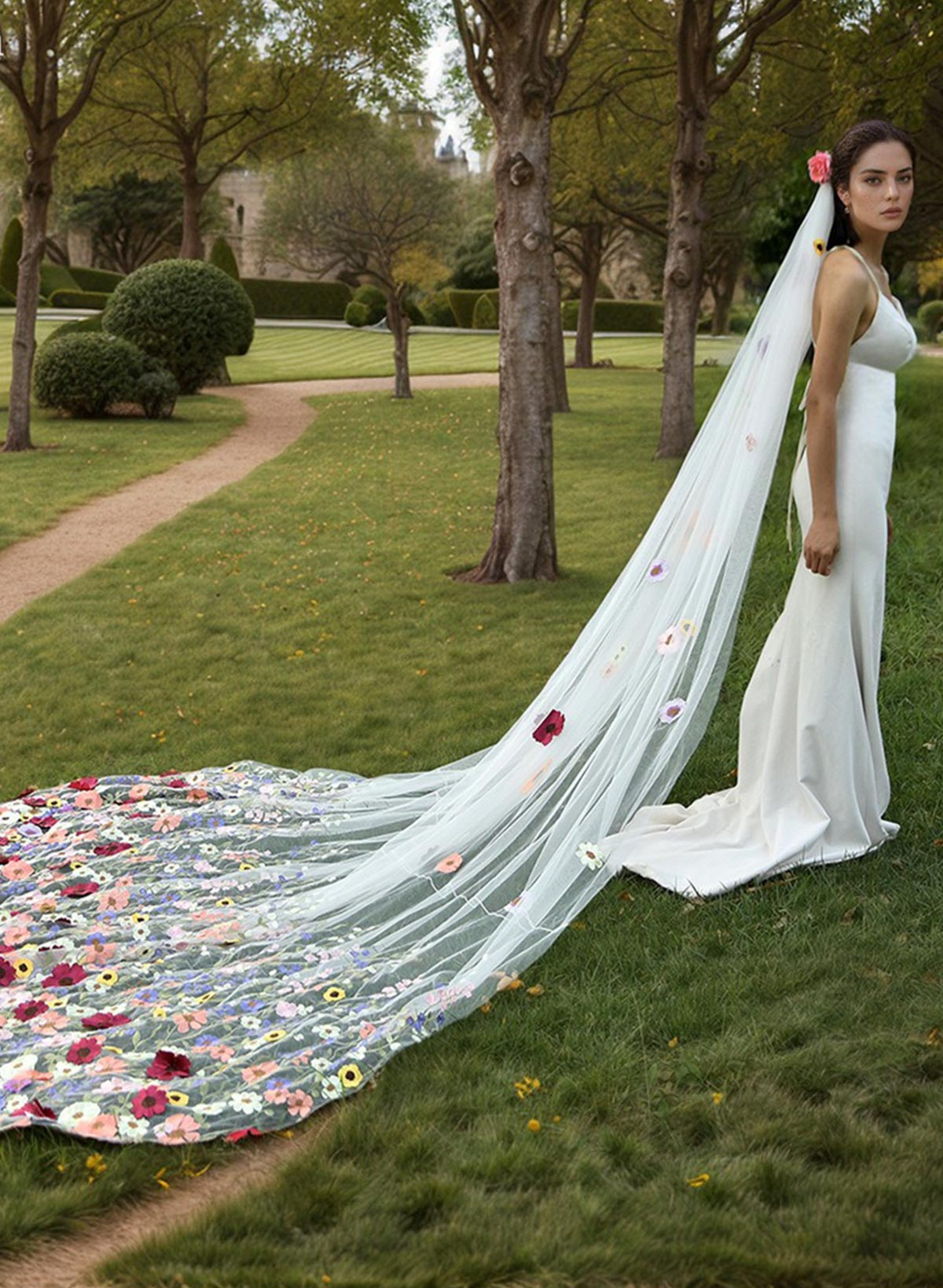 Cut Edge Floral One-Tier Tulle Cathedral Bridal Veils