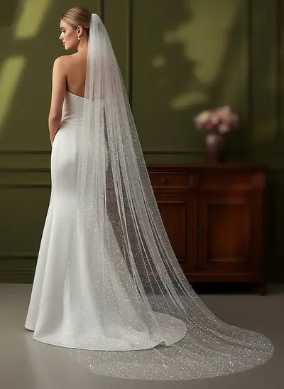 Cut Edge Simple One-Tier Tulle Cathedral Bridal Veils