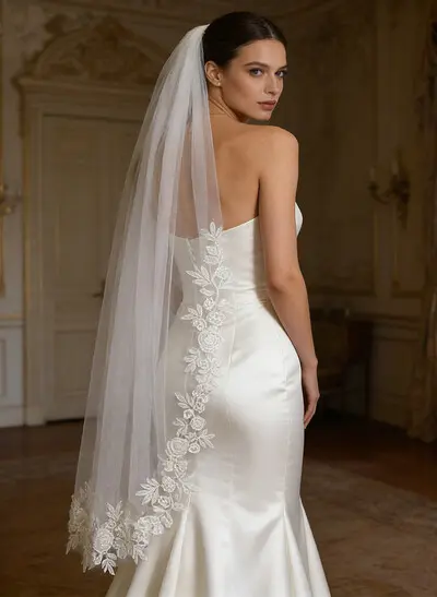 Lace Applique Edge One-Tier Tulle Elbow Bridal Veils