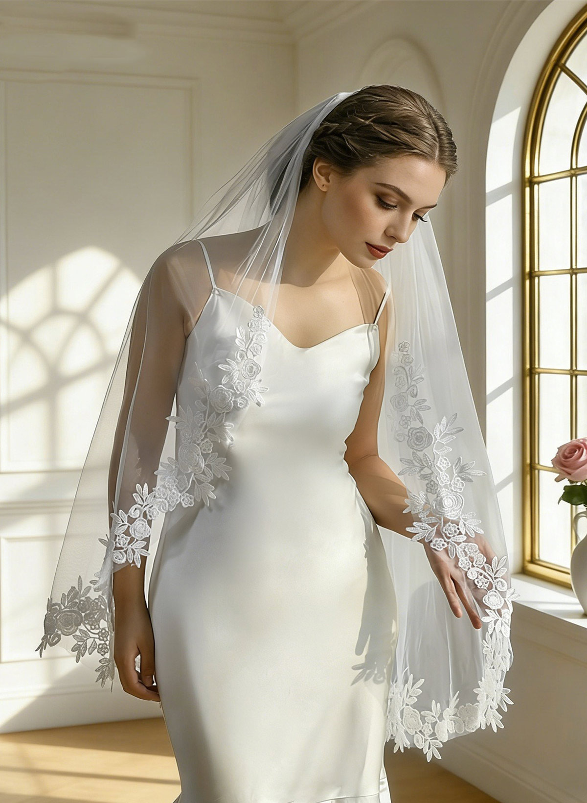 Lace Applique Edge One-Tier Tulle Elbow Bridal Veils