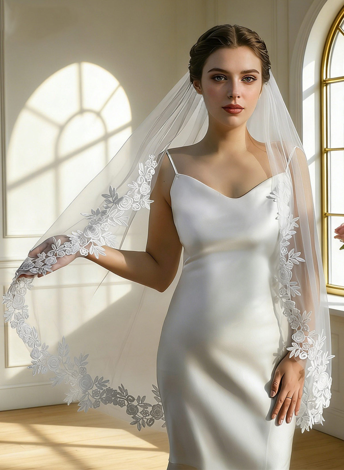 Lace Applique Edge One-Tier Tulle Elbow Bridal Veils