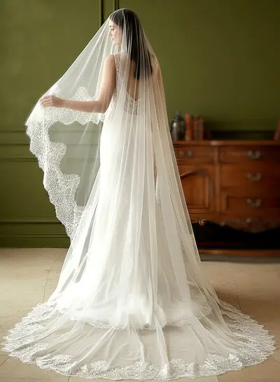 Cathedral Length Single Tier Tulle Bridal Veil with Lace Appliqué Edge