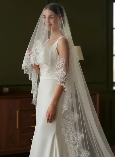 Cathedral Length Single Tier Tulle Bridal Veil with Lace Appliqué Edge
