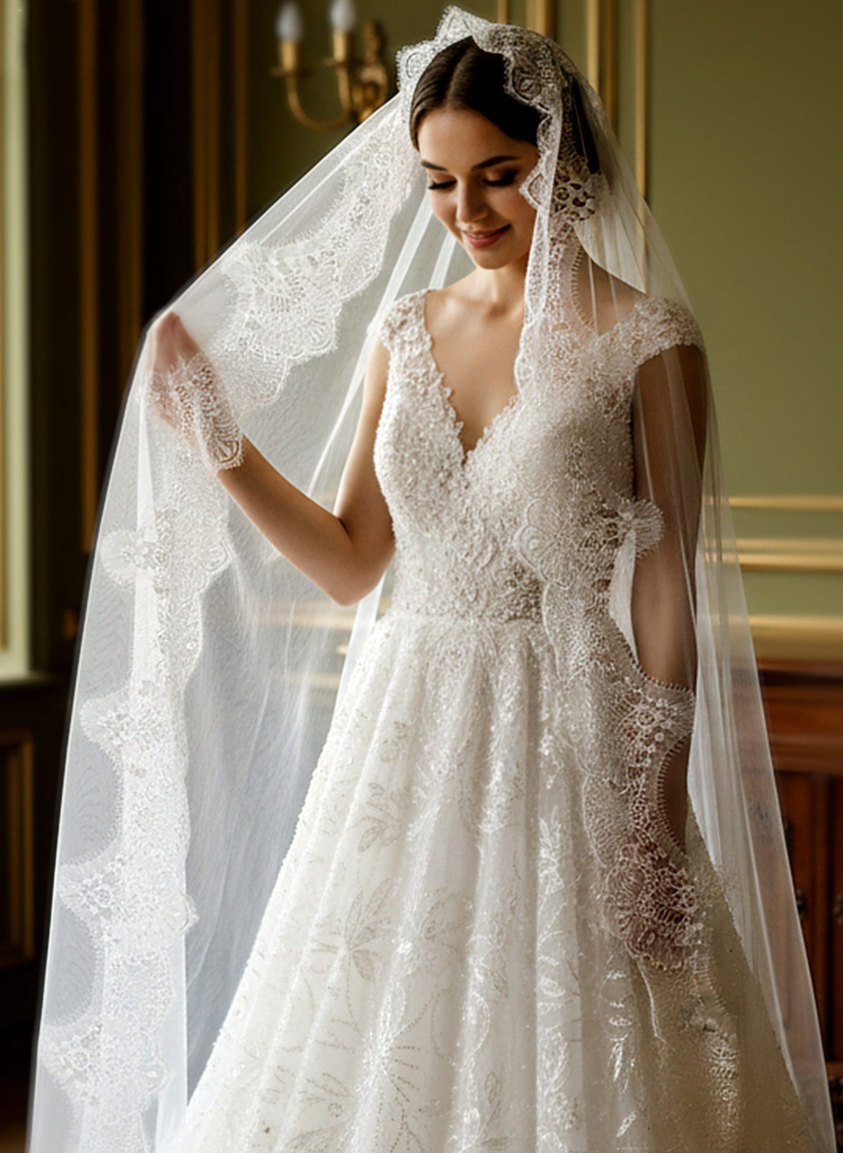 Lace Applique Edge One-Tier Tulle Cathedral Bridal Veils
