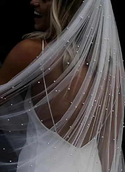 Cut Edge Faux Pearl One-Tier Tulle Cathedral Bridal Veils