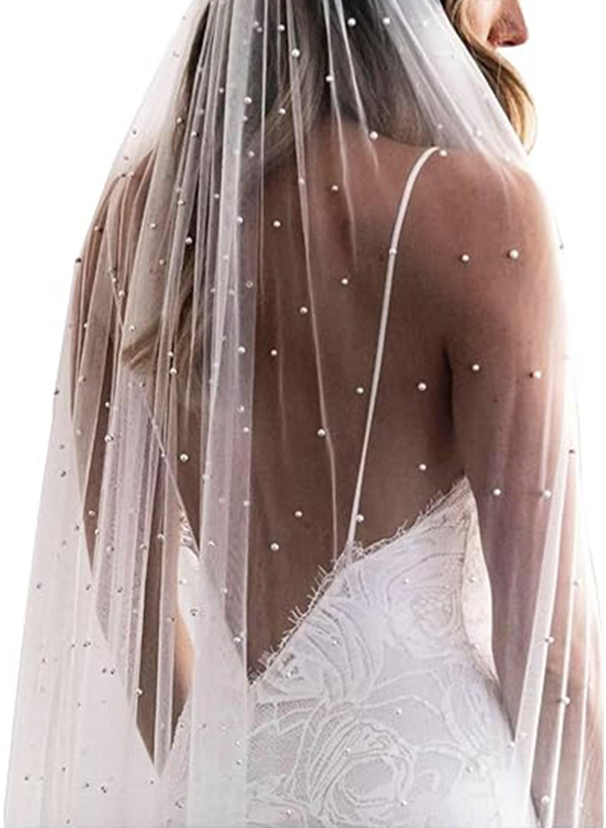 Cut Edge Faux Pearl One-Tier Tulle Cathedral Bridal Veils